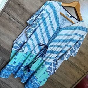 Cabana Life Blue White Geometric Swimsuit Coverup Dress Women's L great preworn